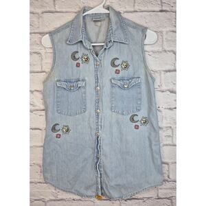 Vintage Jordache Celestial Denim Vest Womens Small Embroidered Sun Moon Star Y2K